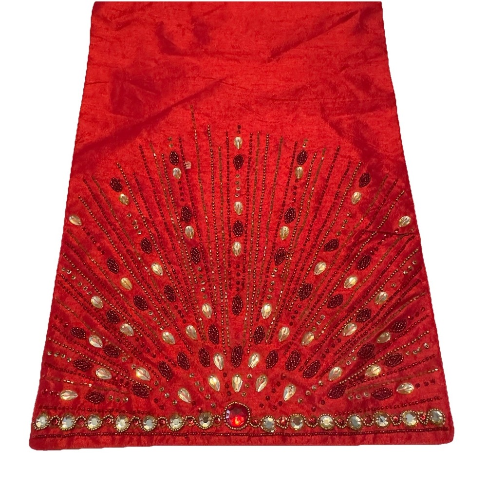 Bella Lux‎ Holiday Collection Red Gold Color Christmas Beaded Table 70x14